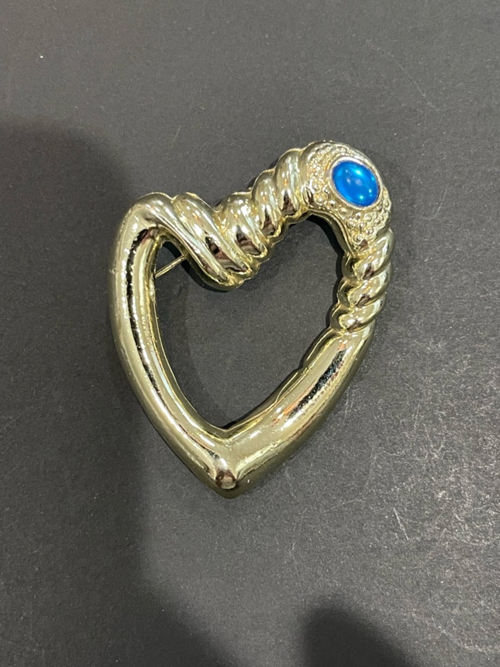 Gold Heart Brooch with Blue Stone Accent